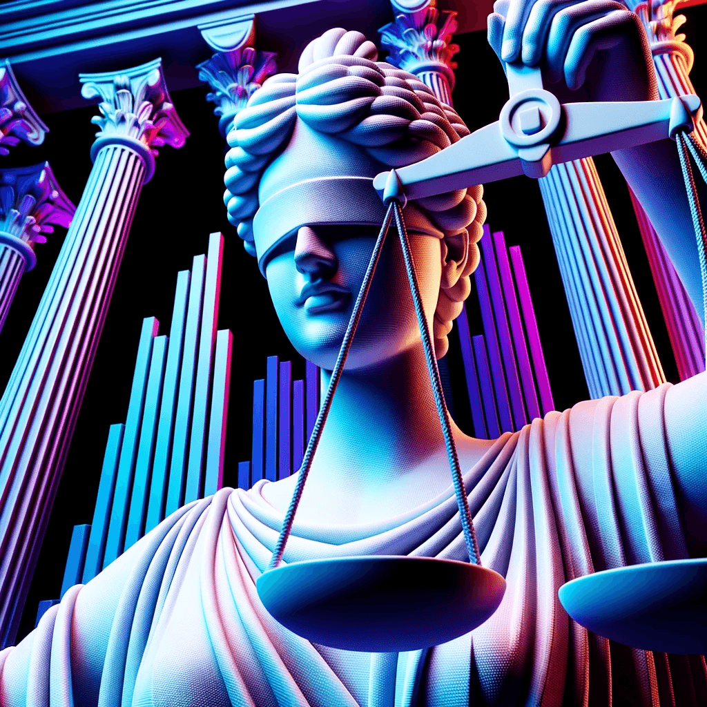 Lady Justice holding a scale with pillars and bar charts in the background