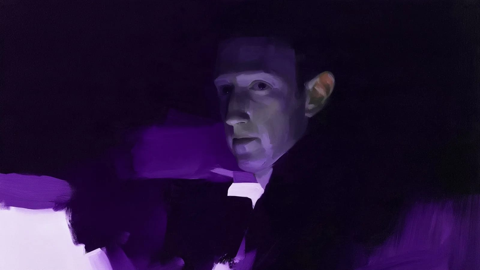 Painted portrait of a man in low light in shades of purple