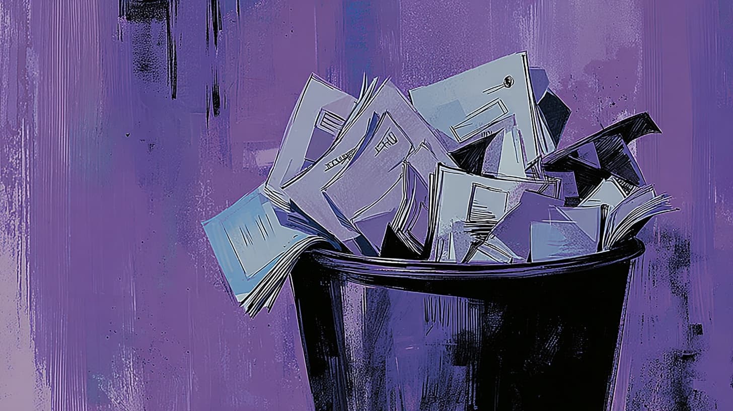Illustrated trash bin overflowing with paper survey forms, in deep violet monochrome.
