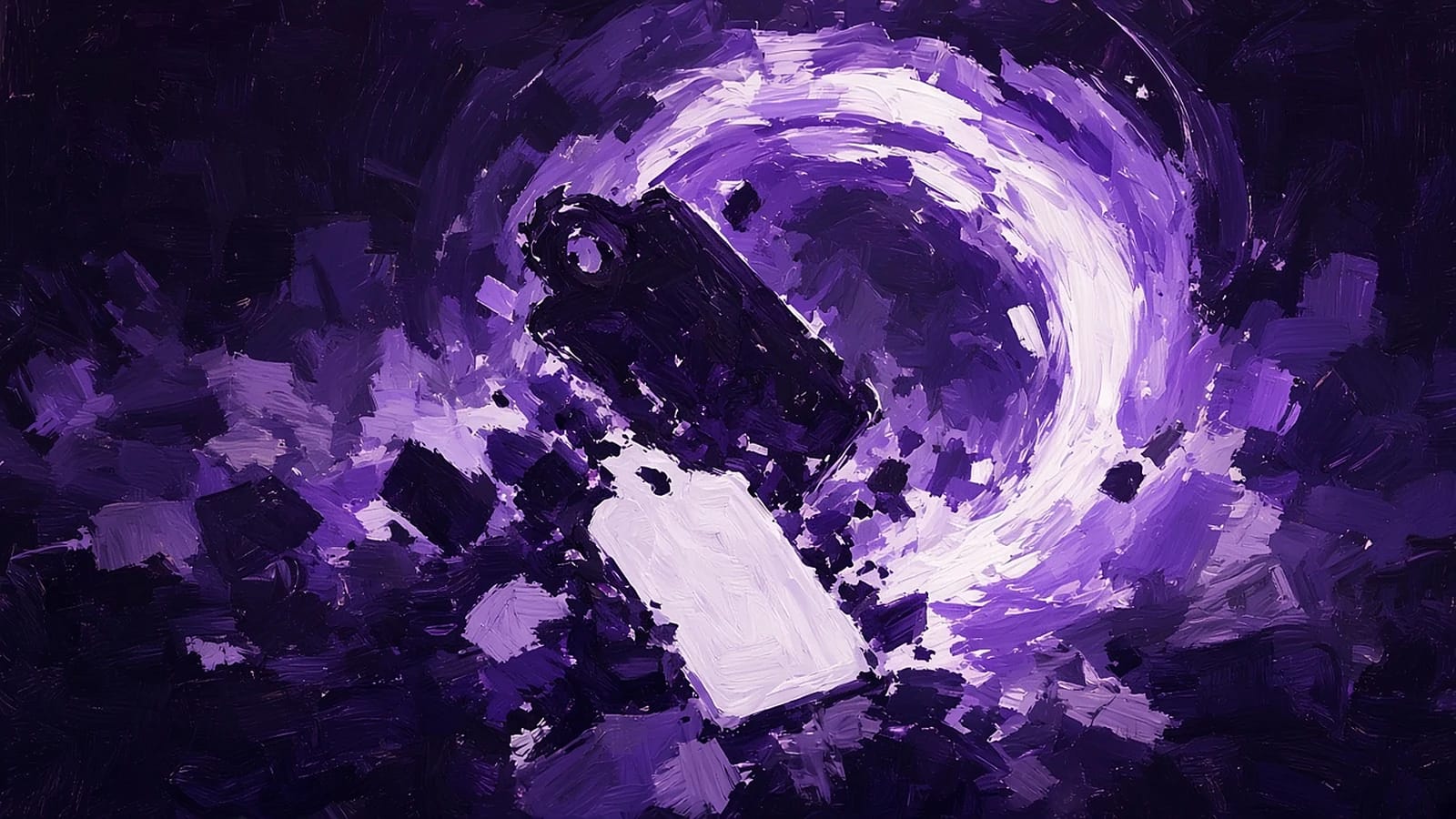 Gemalter kreisförmiger Reset-Wirbel in Violett, in dem ein altes dunkles Etikett zerbröselt und ein sauberes helles Etikett aus dem Licht kommt