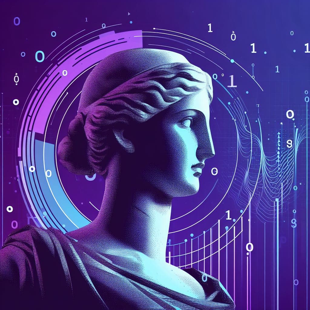 Head of a roman statue with 0s and 1s in the background, representing data